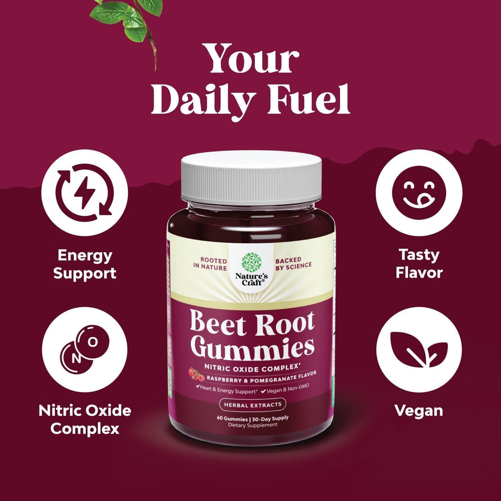 Natures Craft Flow Boosting Beet Root Gummies - Energy & Healthy Heart Support - 60 Count