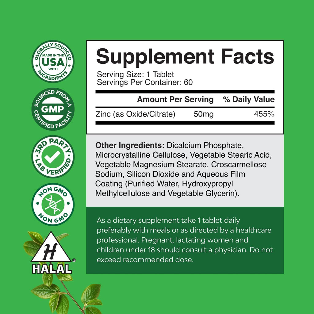 Natures Craft Zinc 50mg Tablets for Immune Support, Dietary Supplement - 60 Count