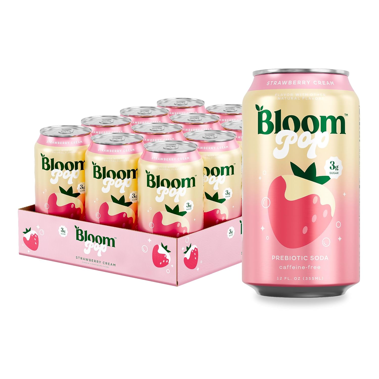 Bloom Pop Prebiotic Soda 12 Pack, Strawberry Cream Flavor