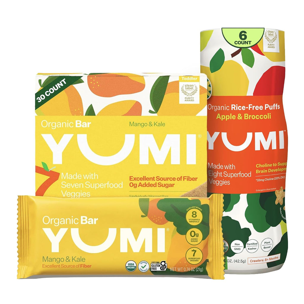 Yumi Organic Toddler Snacks Bars - Mango & Kale & YUMI Rice-Free Baby Puffs - Apple & Broccoli