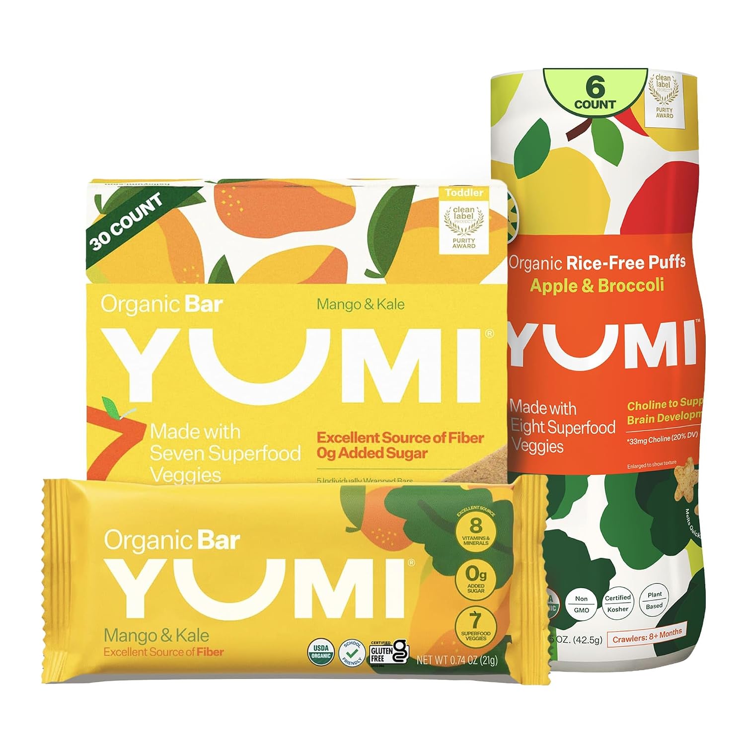 Yumi Organic Toddler Snacks Bars - Mango & Kale & YUMI Rice-Free Baby Puffs - Apple & Broccoli