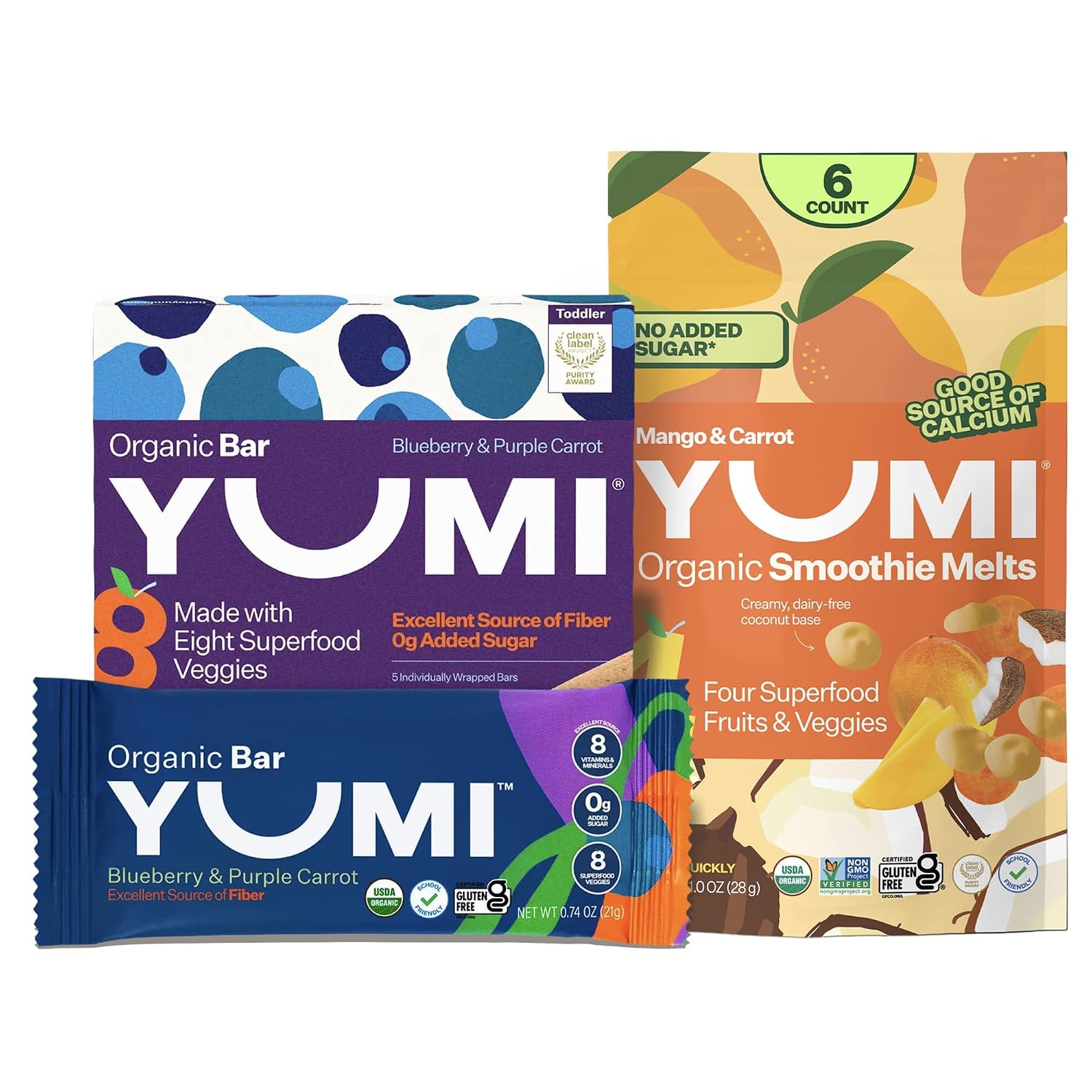 Yumi Organic Toddler Snacks Bars -  Blueberry & Purple Carrot & Yumi Smoothie Melts