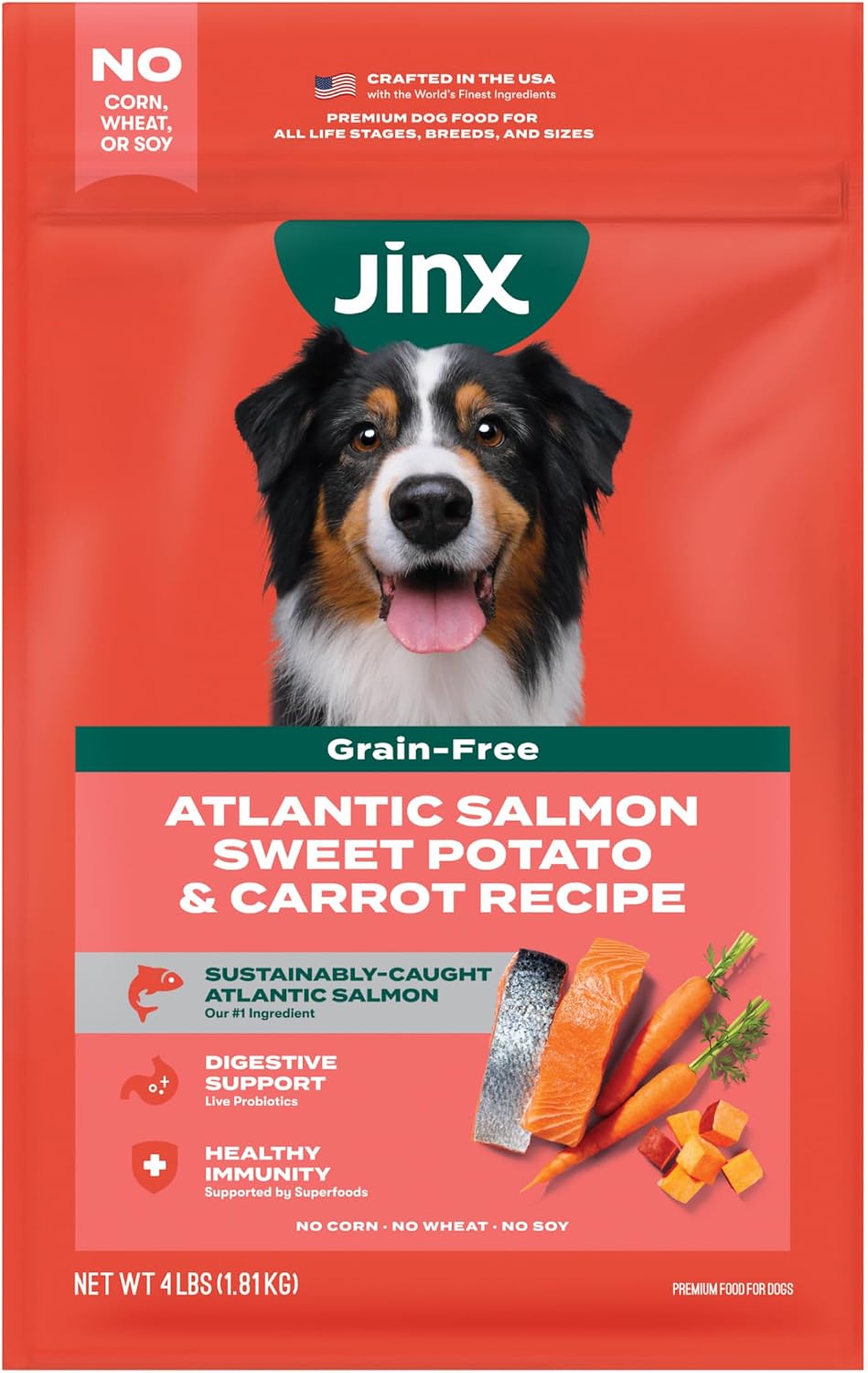 Jinx Grain Free Dry Dog Food - Real Salmon, Sweet Potato & Carrot, 4lb pk of 1