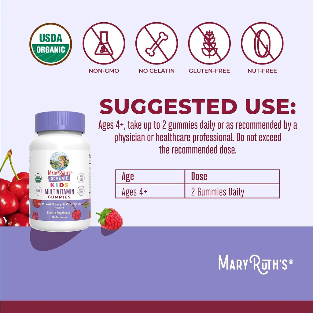 MARY RUTH'S USDA Organic Multivitamin Gummies, Ages 4+, Kids Vitamins, 60ct