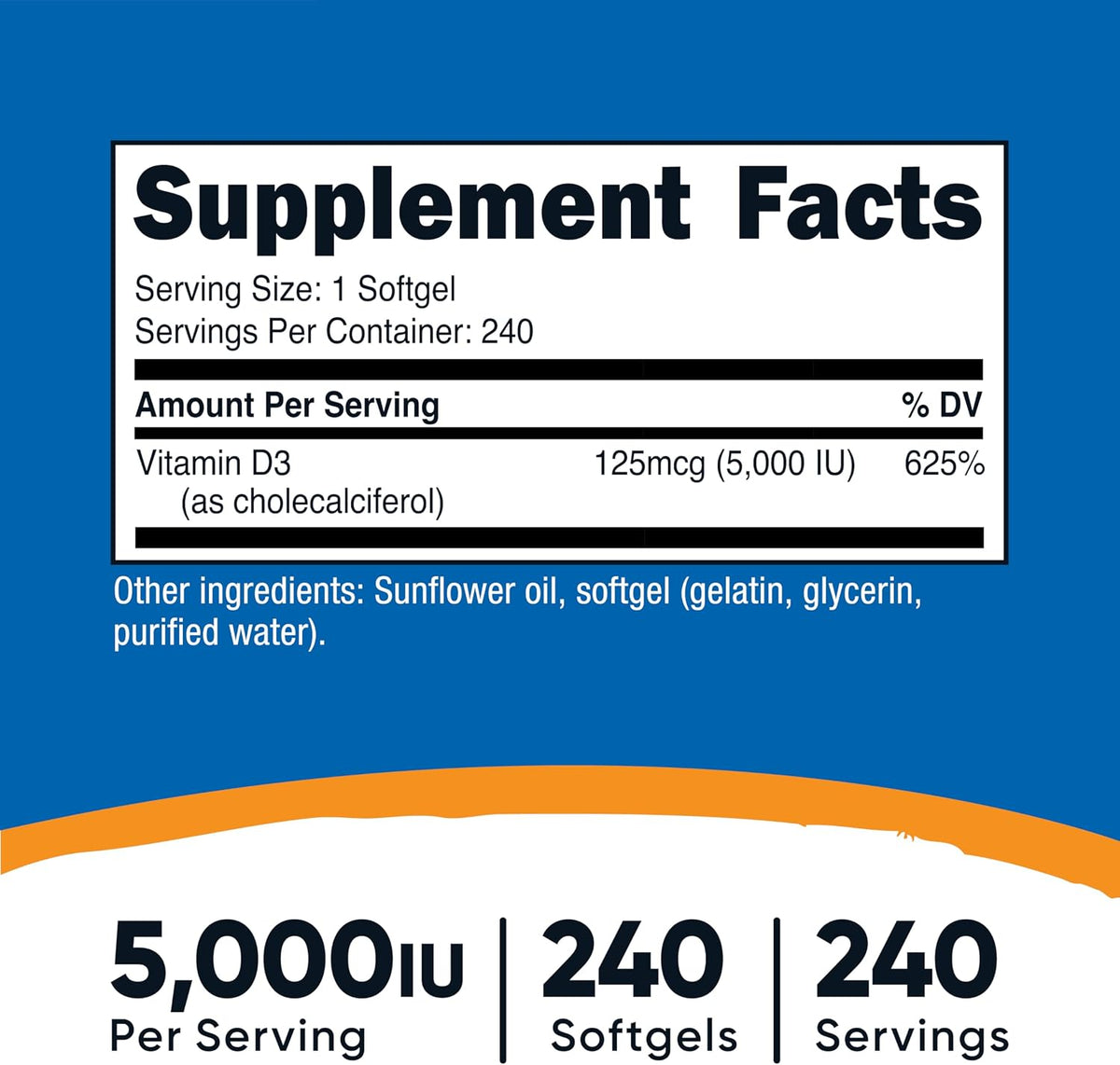 Nutricost Vitamin D3 5,000 IU (125mcg), 240 Softgels, GMO-Free