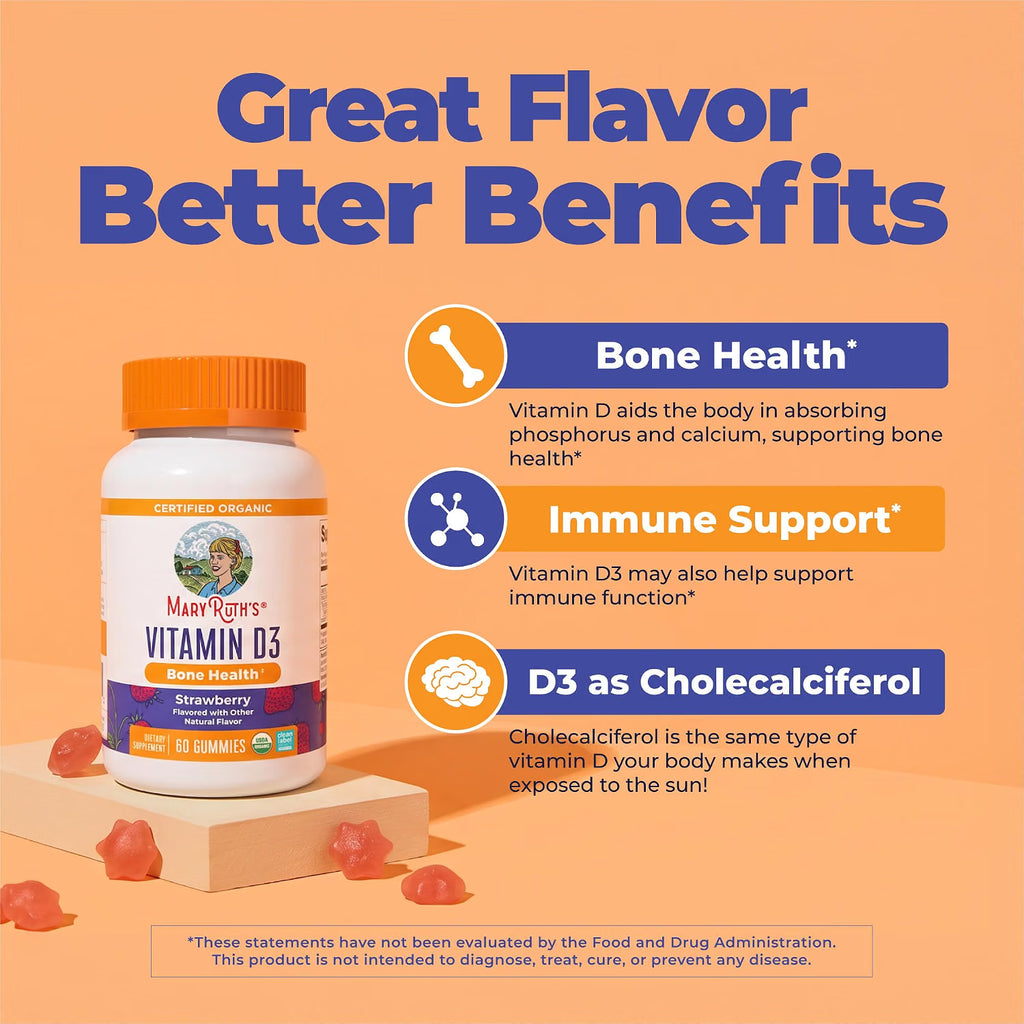 MARY RUTH'S USDA Organic Vitamin D3 Gummies for Ages 4+, Strawberry, 60 ct
