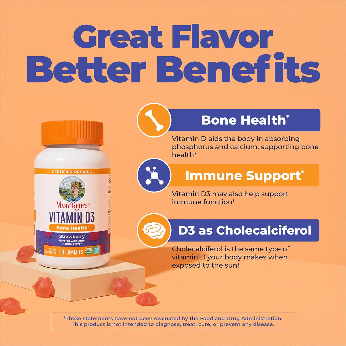 MARY RUTH'S USDA Organic Vitamin D3 Gummies for Ages 4+, Strawberry, 60 ct