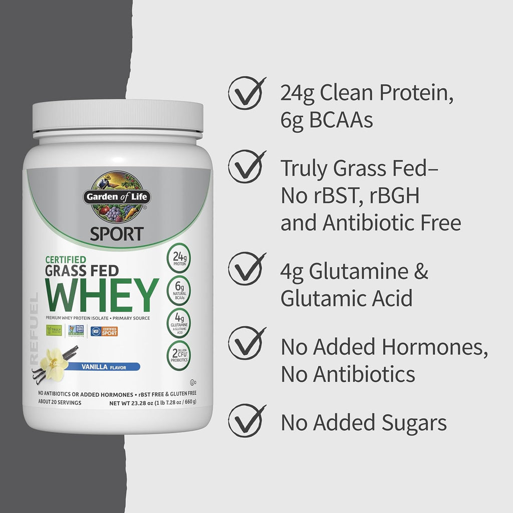 Garden of Life SPORT Grass Fed Whey Protein Powder, Vanilla, 20 Servings