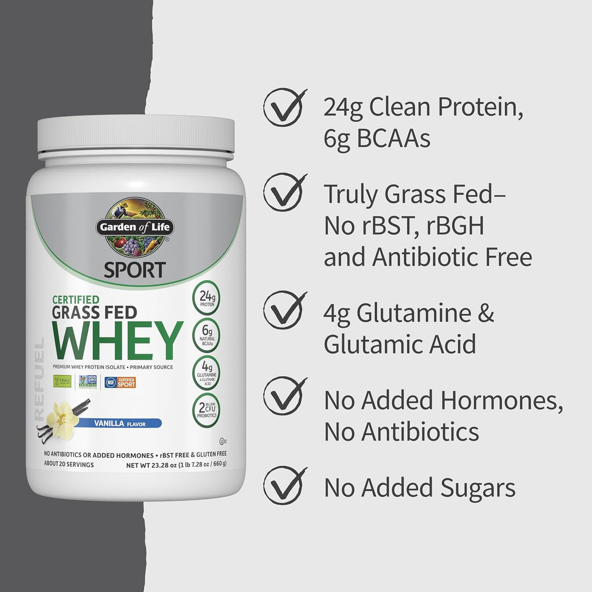 Garden of Life SPORT Grass Fed Whey Protein Powder, Vanilla, 20 Servings