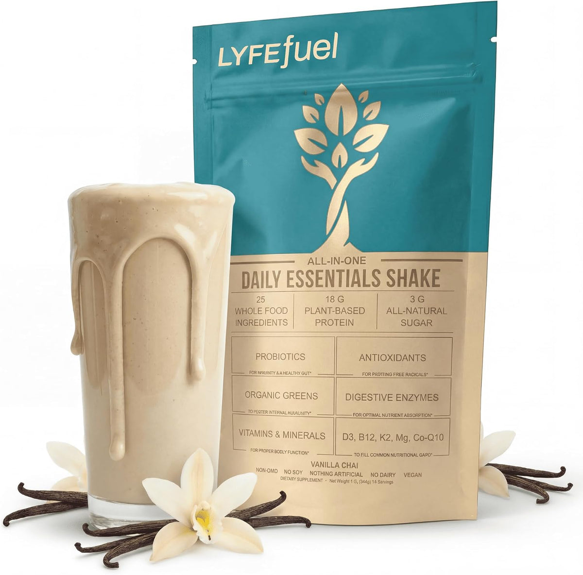 LyfeFuel Plant Protein Powder & Meal Replacement Shake, Vegan, Vanilla Chai 24 Servings