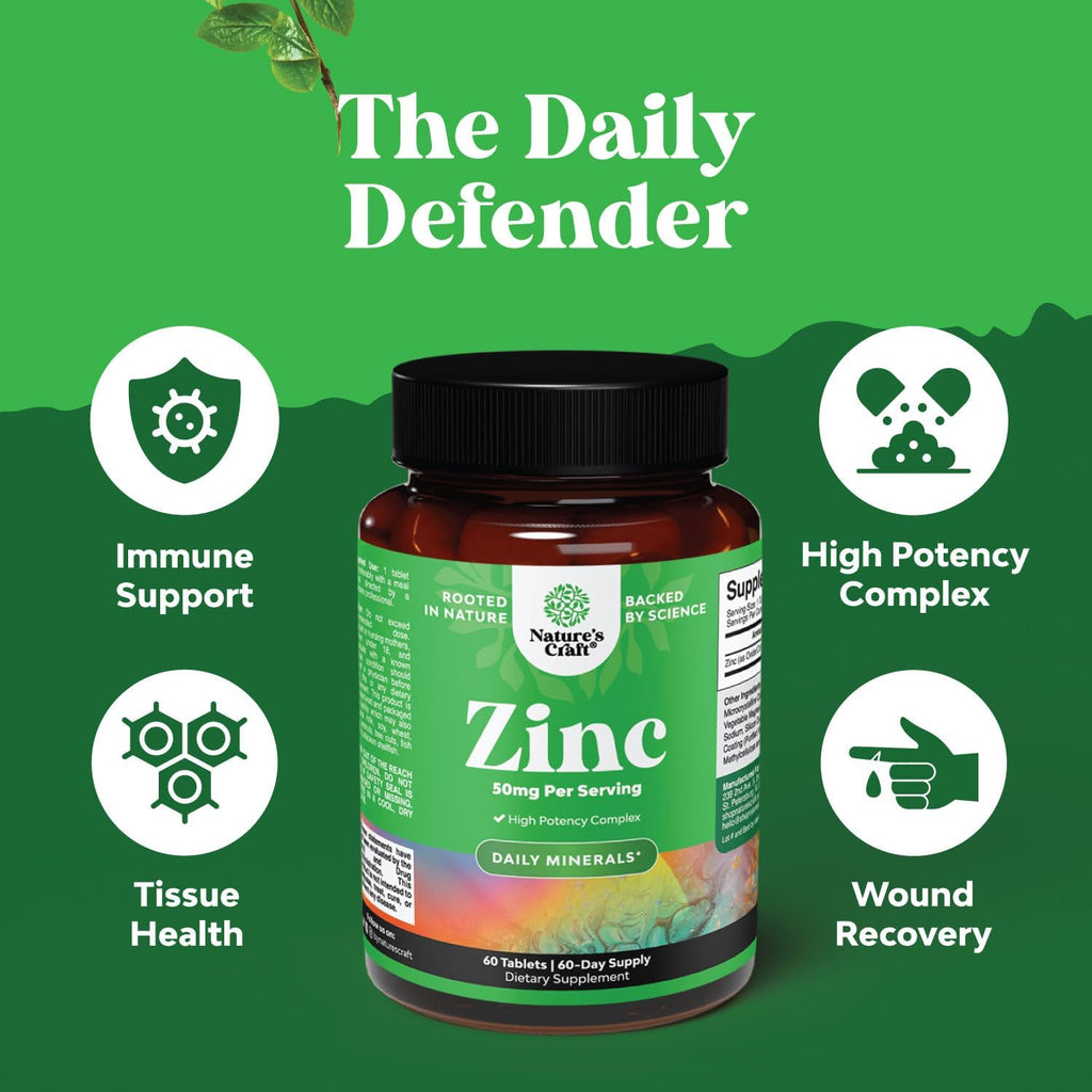 Natures Craft Zinc 50mg Tablets for Immune Support, Dietary Supplement - 60 Count