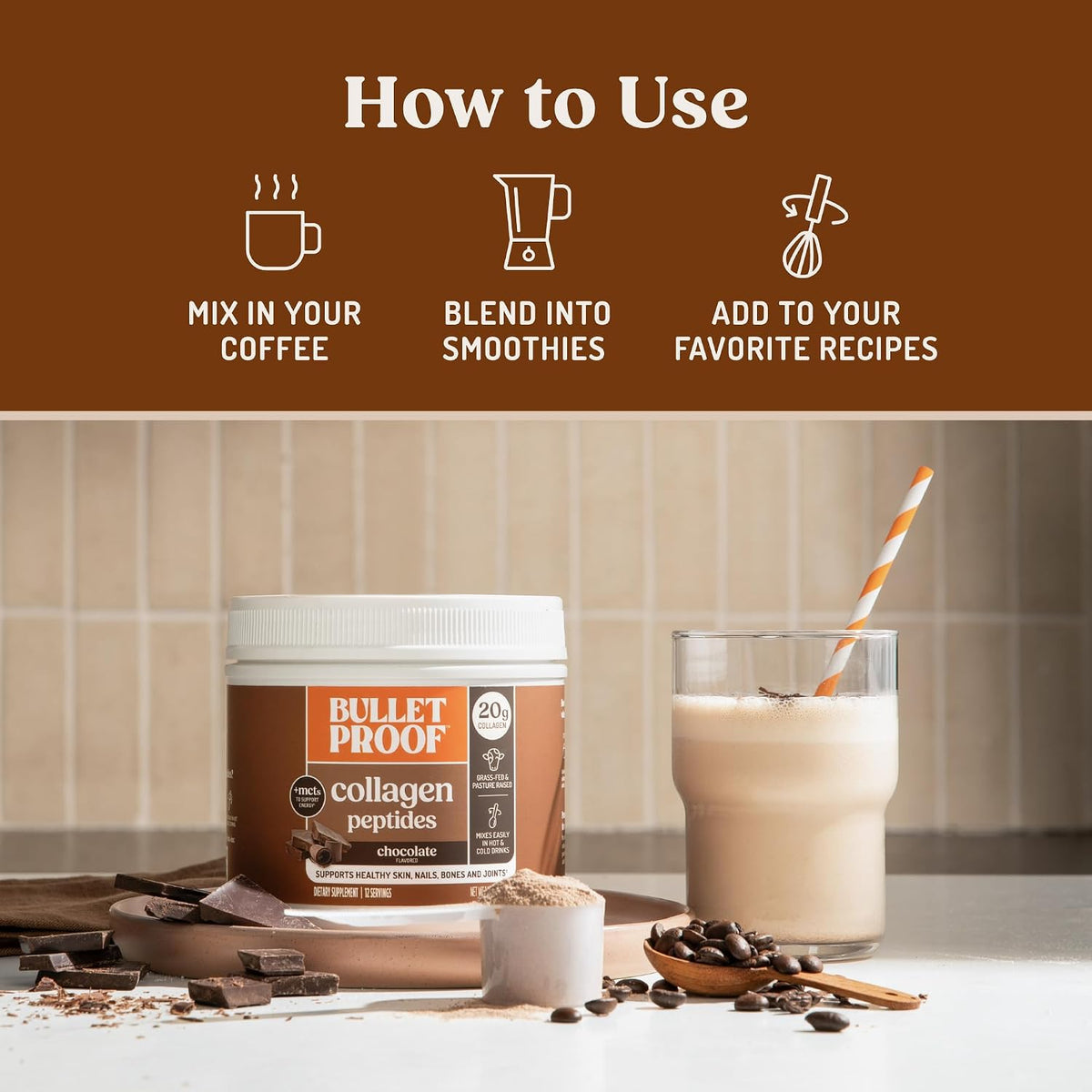 Bulletproof Chocolate Collagen Peptides Protein Powder with MCT Oil 17.6 oz