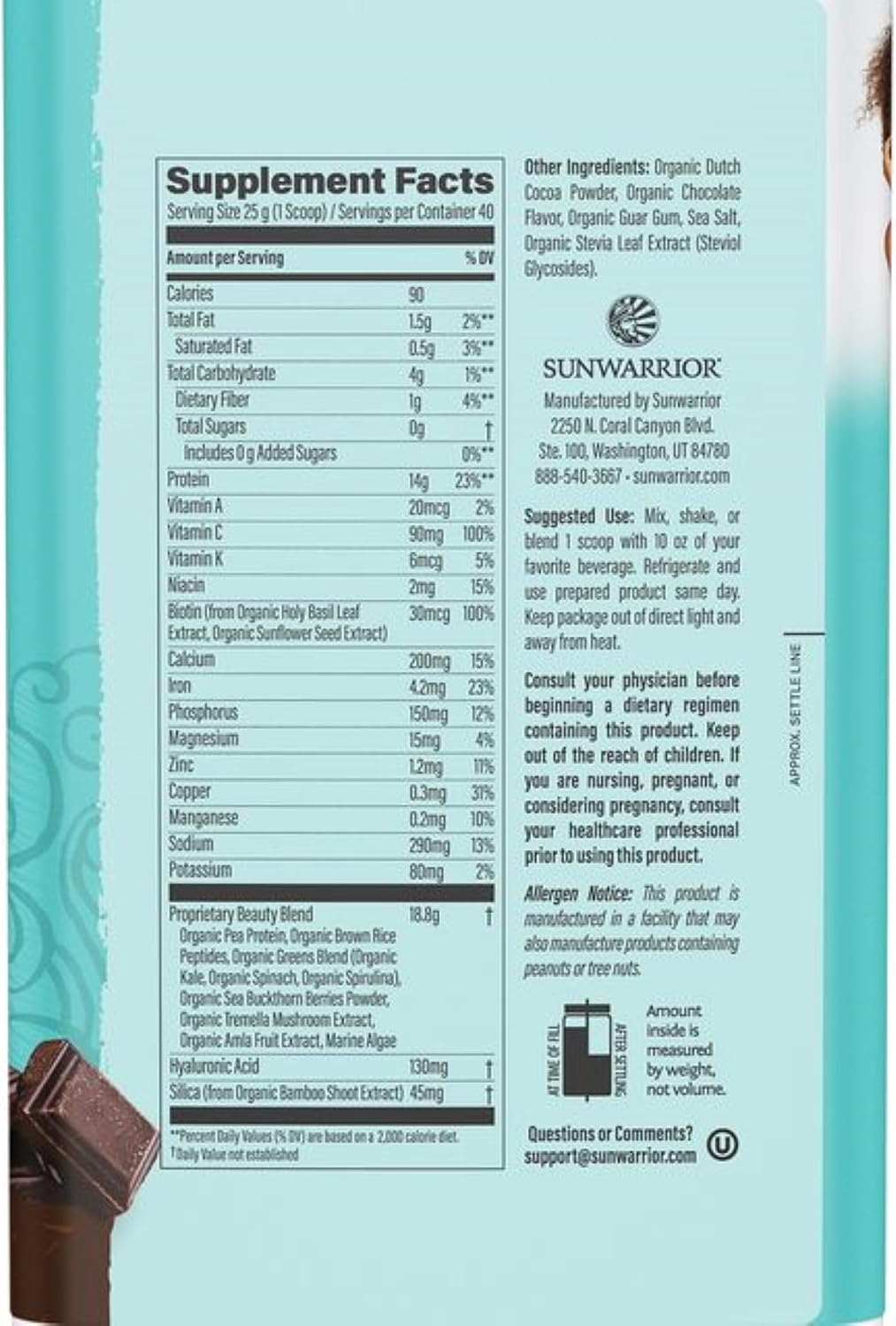 Sunwarrior Plant-Based Collagen Building Powder, Chocolate Flavored & Vegan Protein Powder