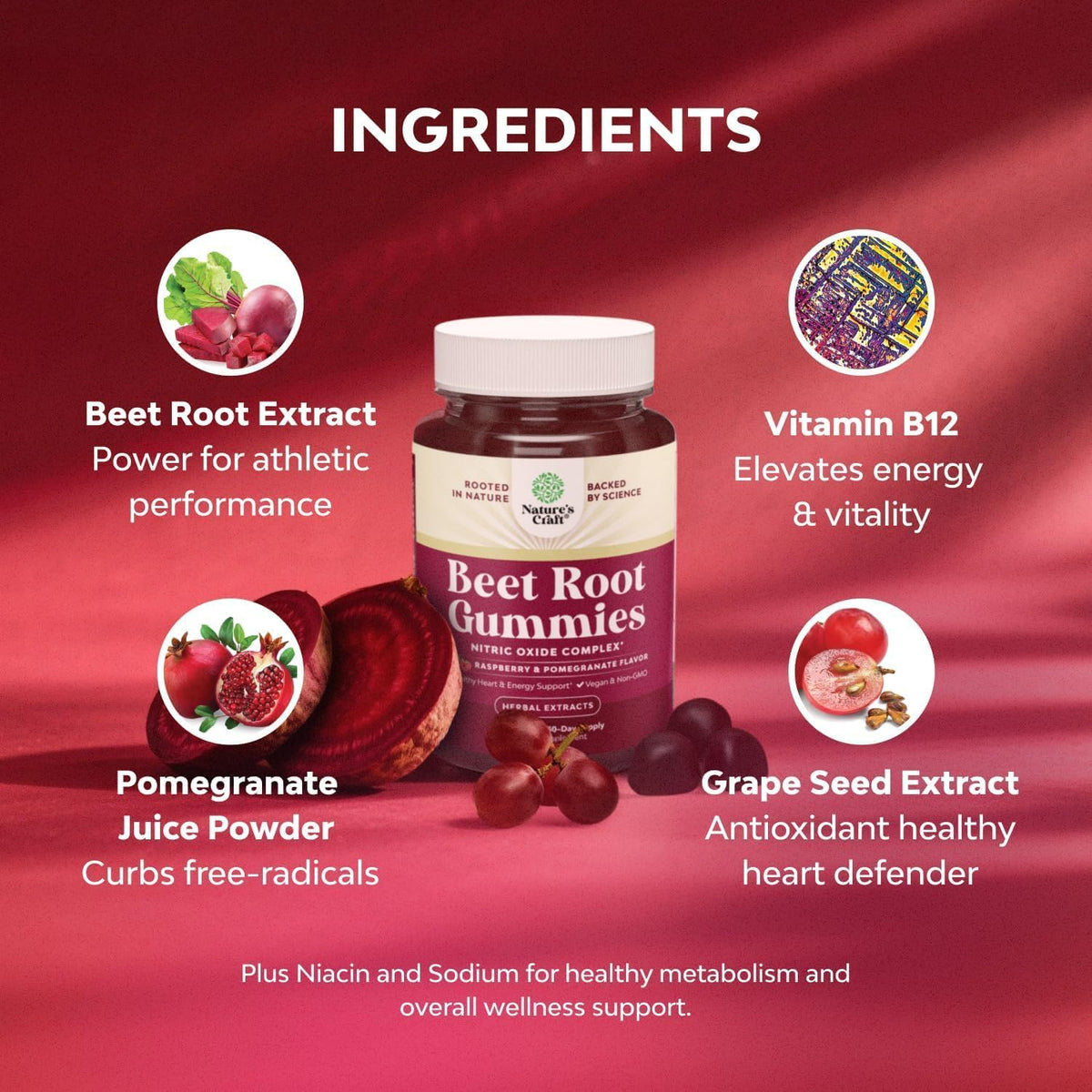 Natures Craft Flow Boosting Beet Root Gummies - Energy & Healthy Heart Support - 60 Count