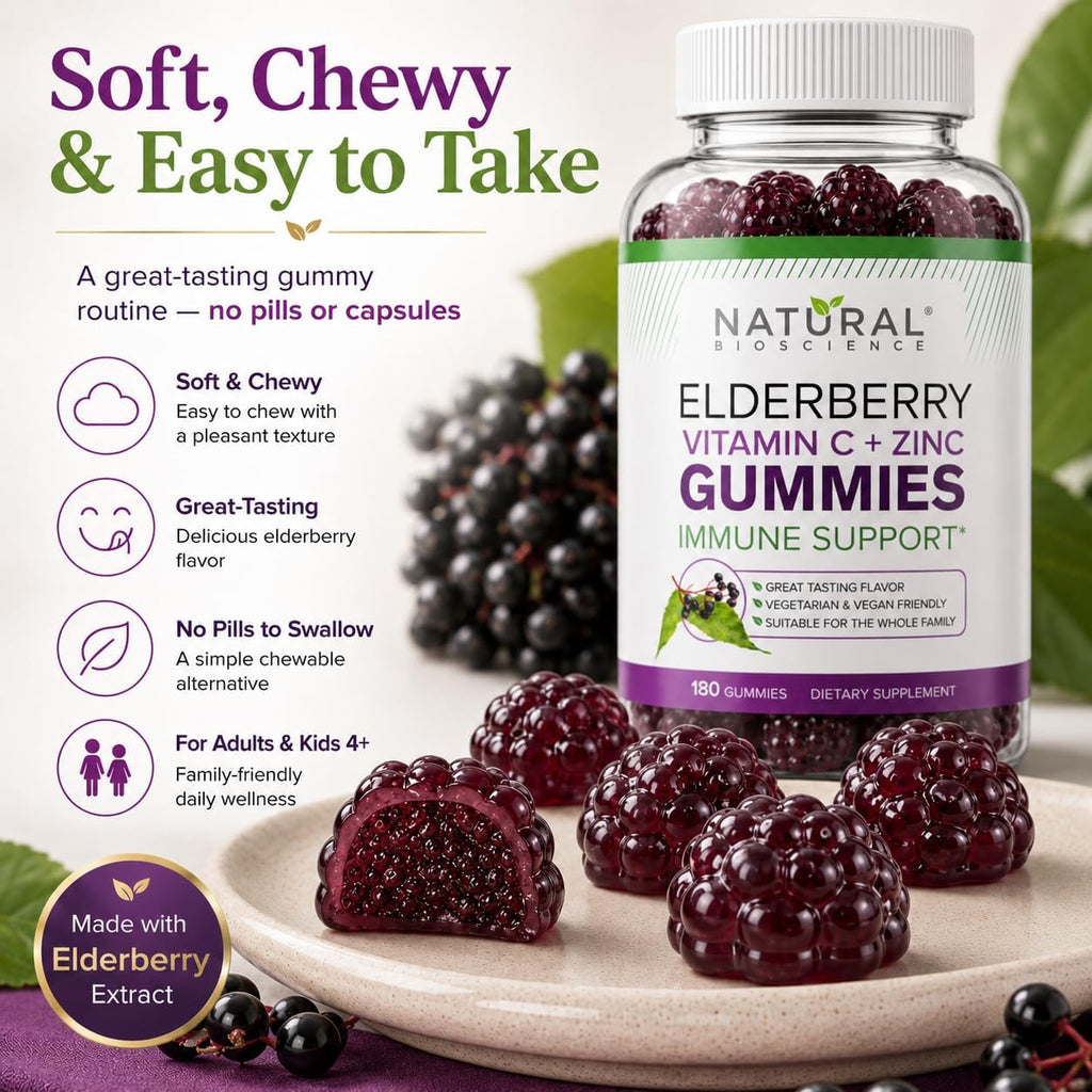 Natural BioScience Sambucus Elderberry Gummies with Vitamin C and Zinc, Black Elderberry Gummies for Adults and Kids