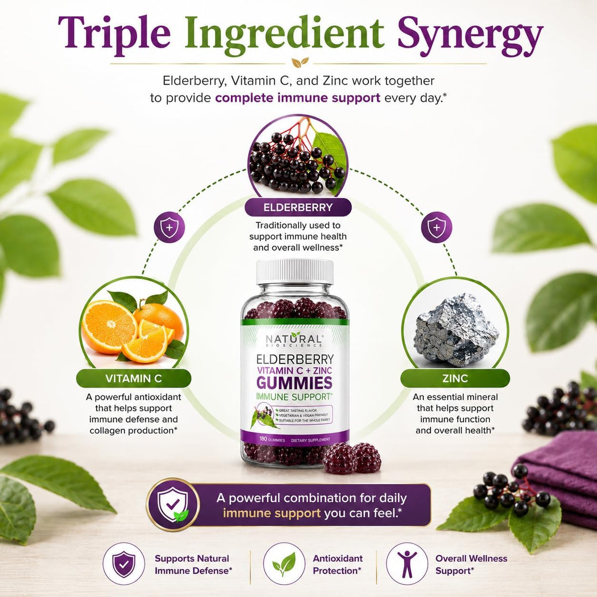 Natural BioScience Sambucus Elderberry Gummies with Vitamin C and Zinc, Black Elderberry Gummies for Adults and Kids