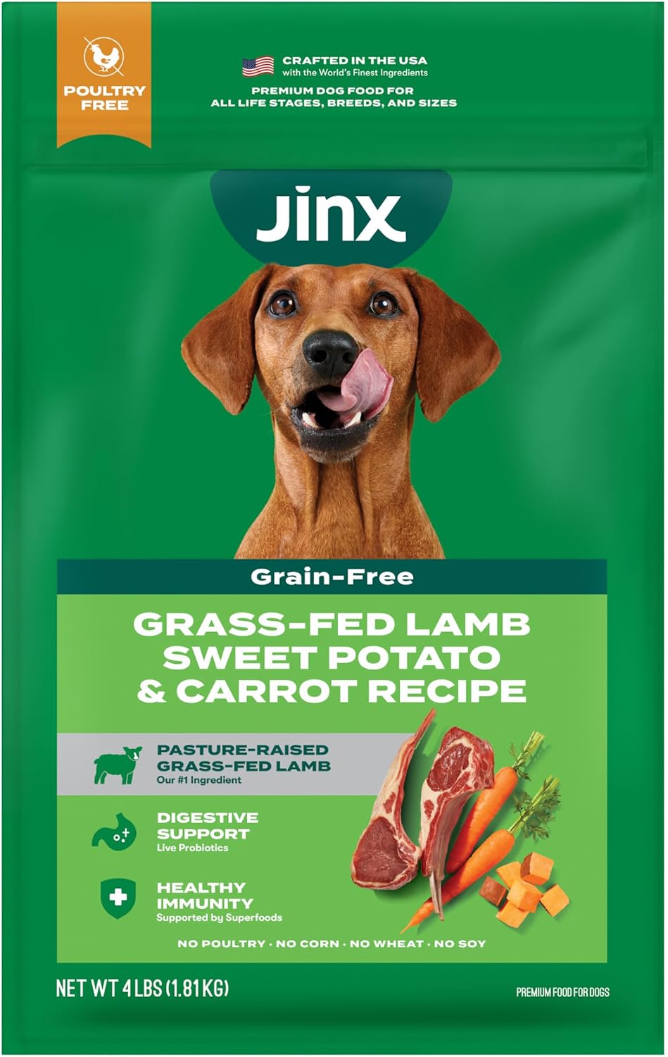 Jinx Grain Free Dry Dog Food - Real Lamb, Sweet Potato & Carrot, 4lb pk of 1