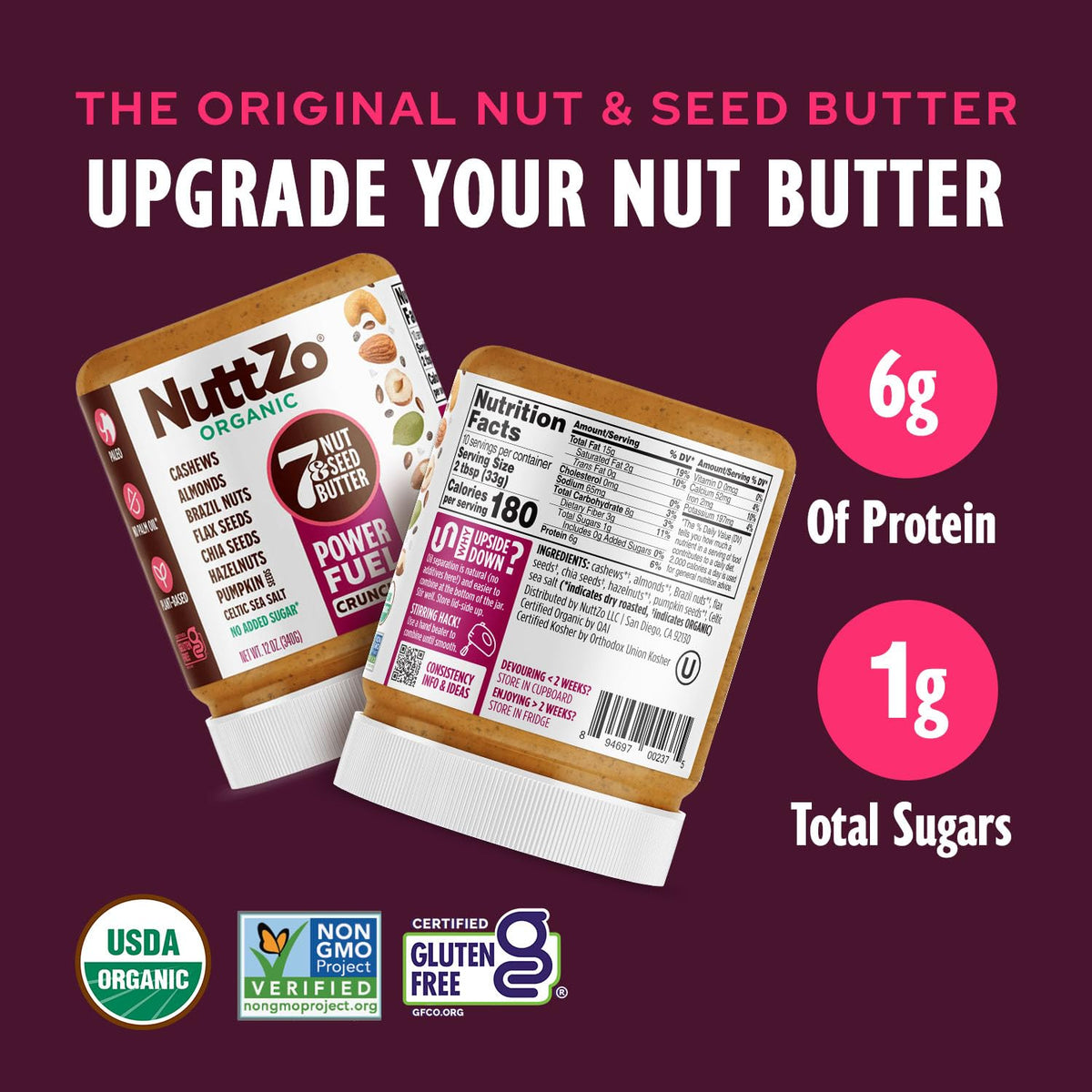 NuttZo Organic Paleo Power Fuel Crunchy 7-Nut-and-Seed Butter, 12 oz