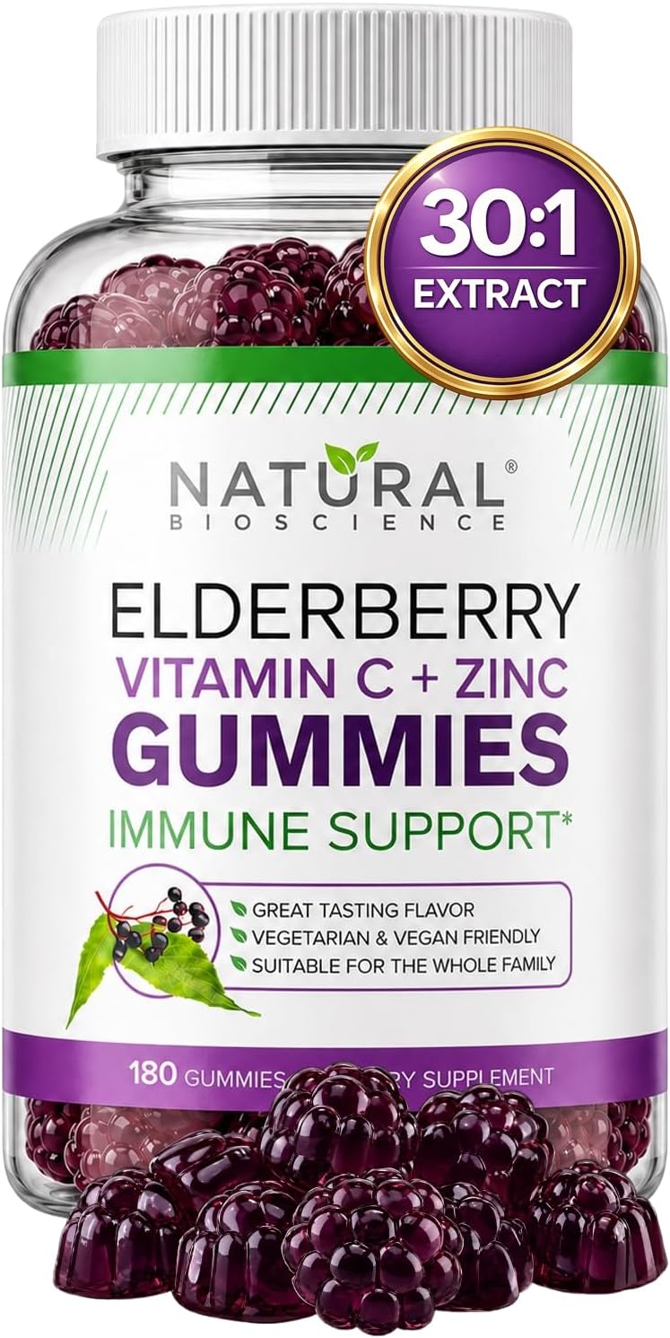 Natural BioScience Sambucus Elderberry Gummies with Vitamin C and Zinc, Black Elderberry Gummies for Adults and Kids