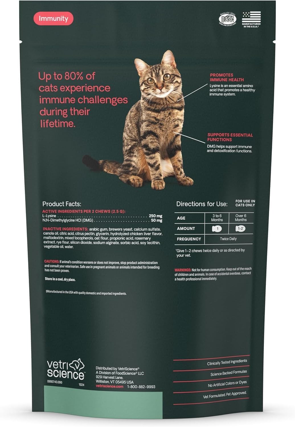 VetriScience Lysine Immunity Health Chews for Cats, Chicken, 90 Count