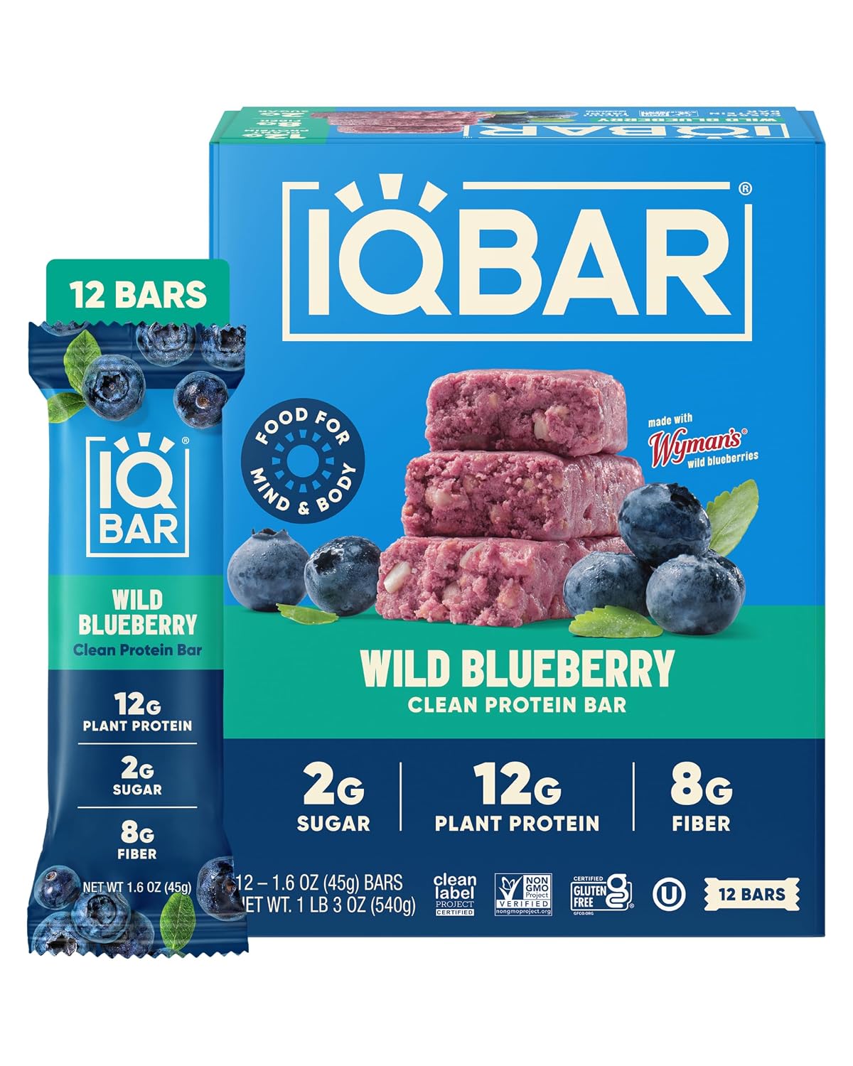 IQBAR Clean Protein Bars, Low Sugar Keto, Wild Blueberry 12-Count