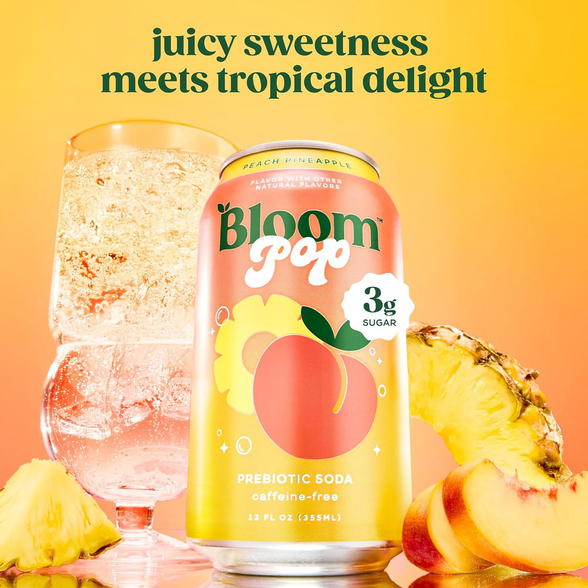 Bloom Pop Prebiotic Soda, Gut Health Support, Peach Pineapple, 12 Pack