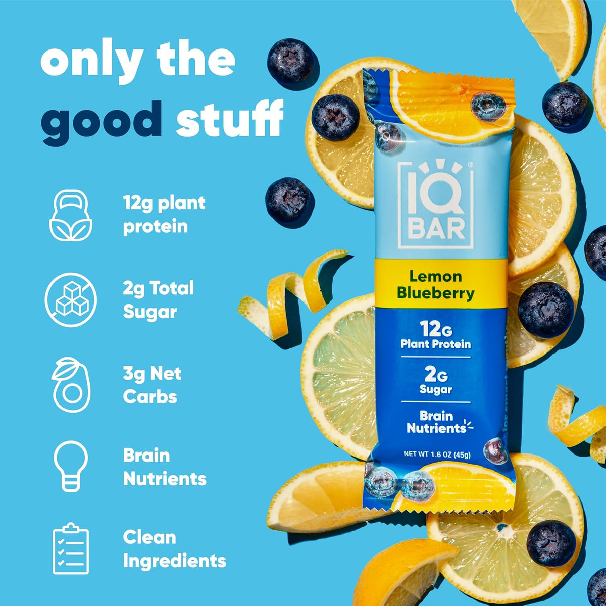 QBAR Clean Protein Bars, Low Sugar Keto, Lemon Blueberry 12-Count
