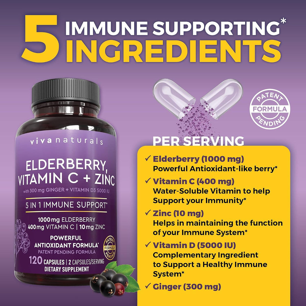 Viva Naturals Elderberry with Vitamin C and Zinc for Adults 120 Capsules