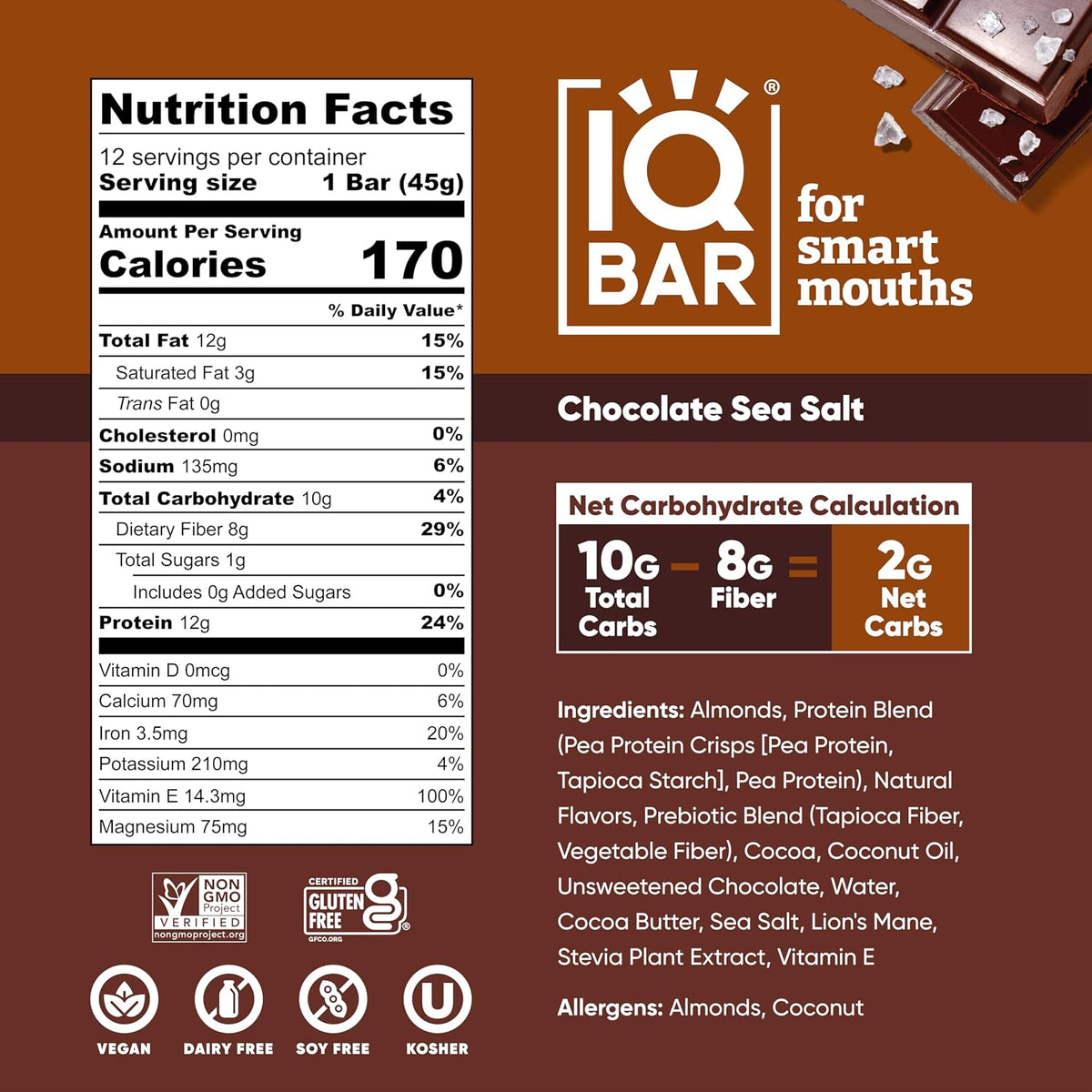 IQBAR Clean Protein Bars, Low Sugar Keto, Chocolate Sea Salt 12-Count