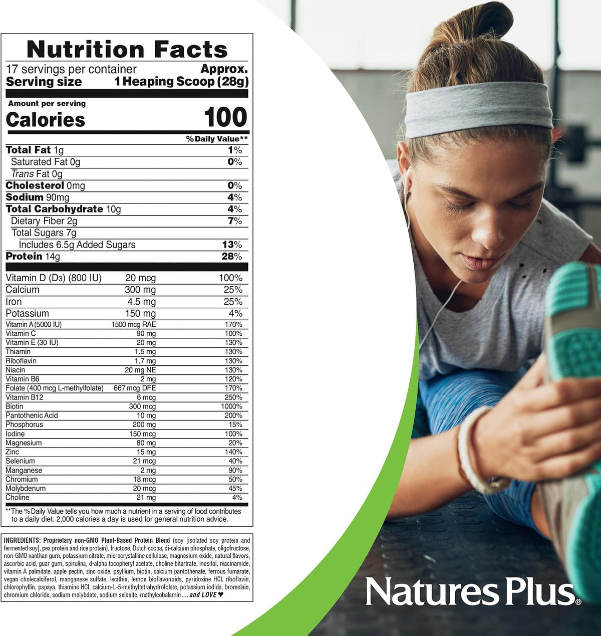 NaturesPlus SPIRU-TEIN, Chocolate - 1.05 lb - Plant-Based Protein Shake