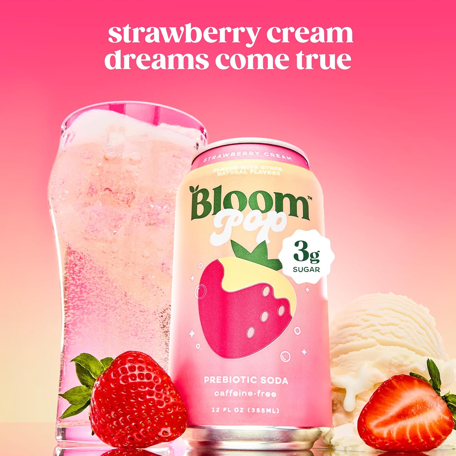 Bloom Pop Prebiotic Soda 12 Pack, Strawberry Cream Flavor