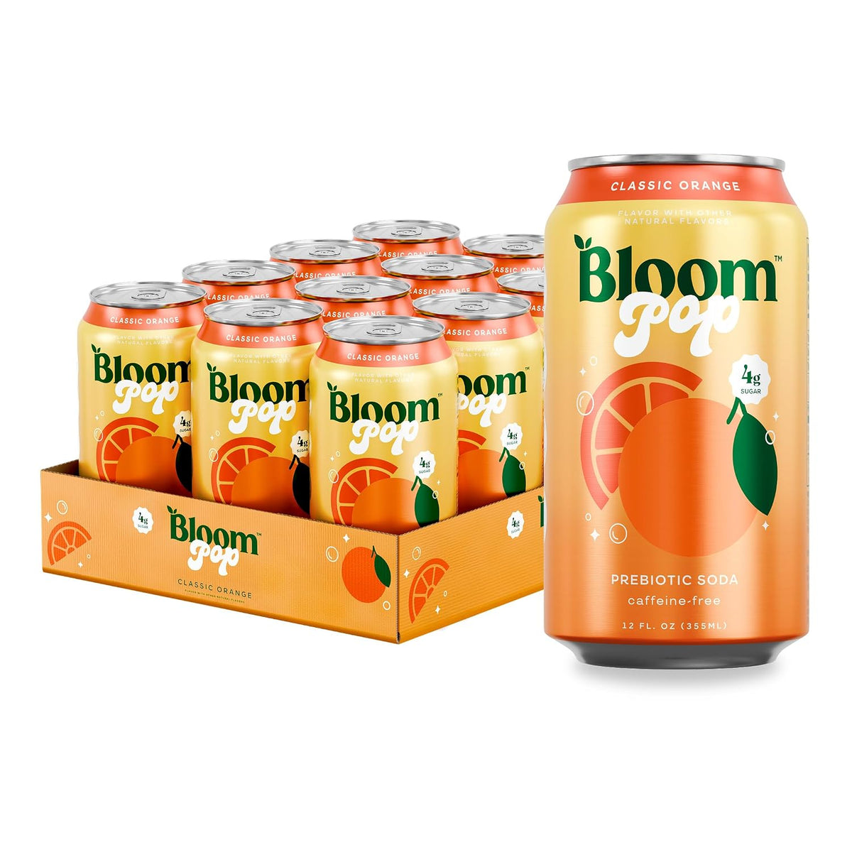 Bloom Pop Prebiotic Soda, Gut Health Support, Classic Orange, 12 Pack