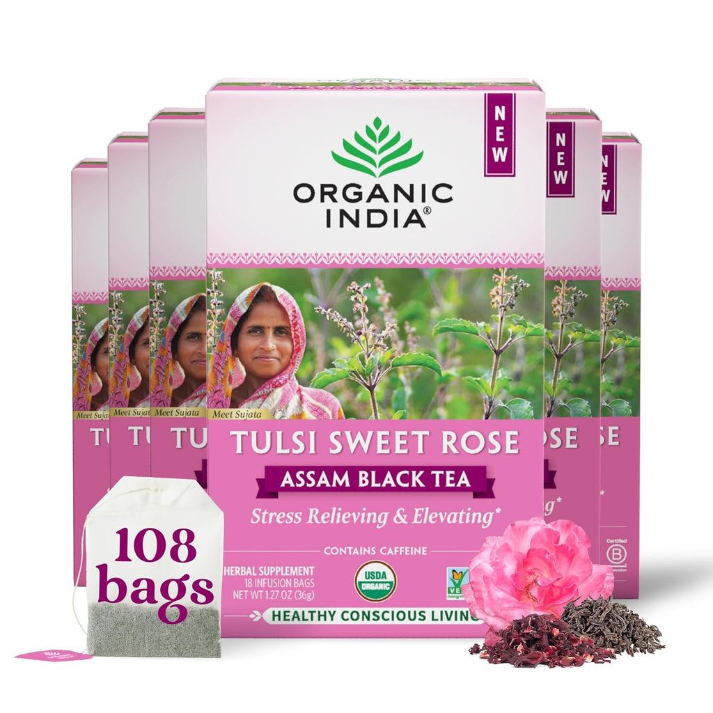 ORGANIC INDIA Tulsi Sweet Rose Assam Black Tea, 18 Rose Tea Bags(Pack of 6)