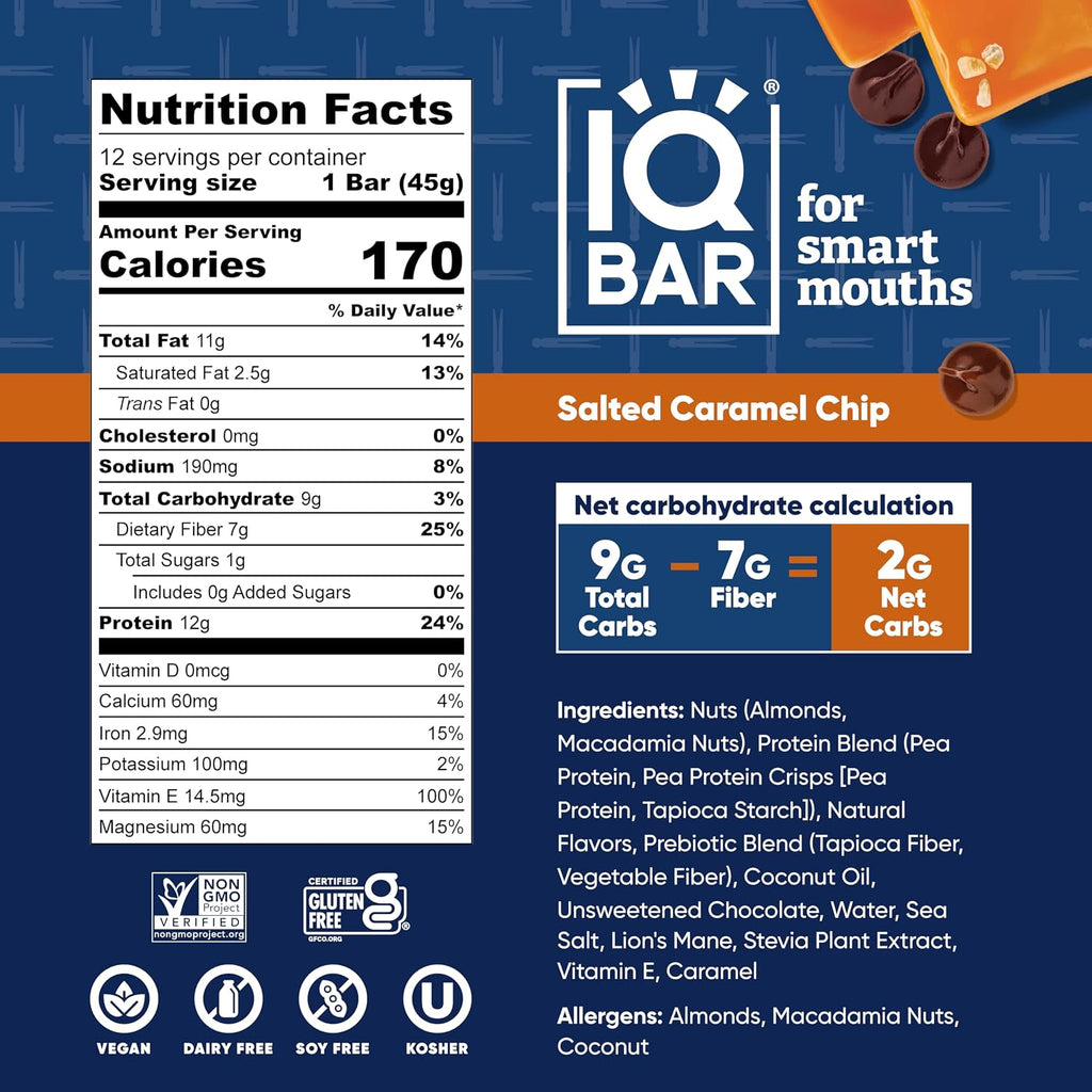 IQBAR Clean Protein Bars, Low Sugar Keto, Salted Caramel Chip 12-Count