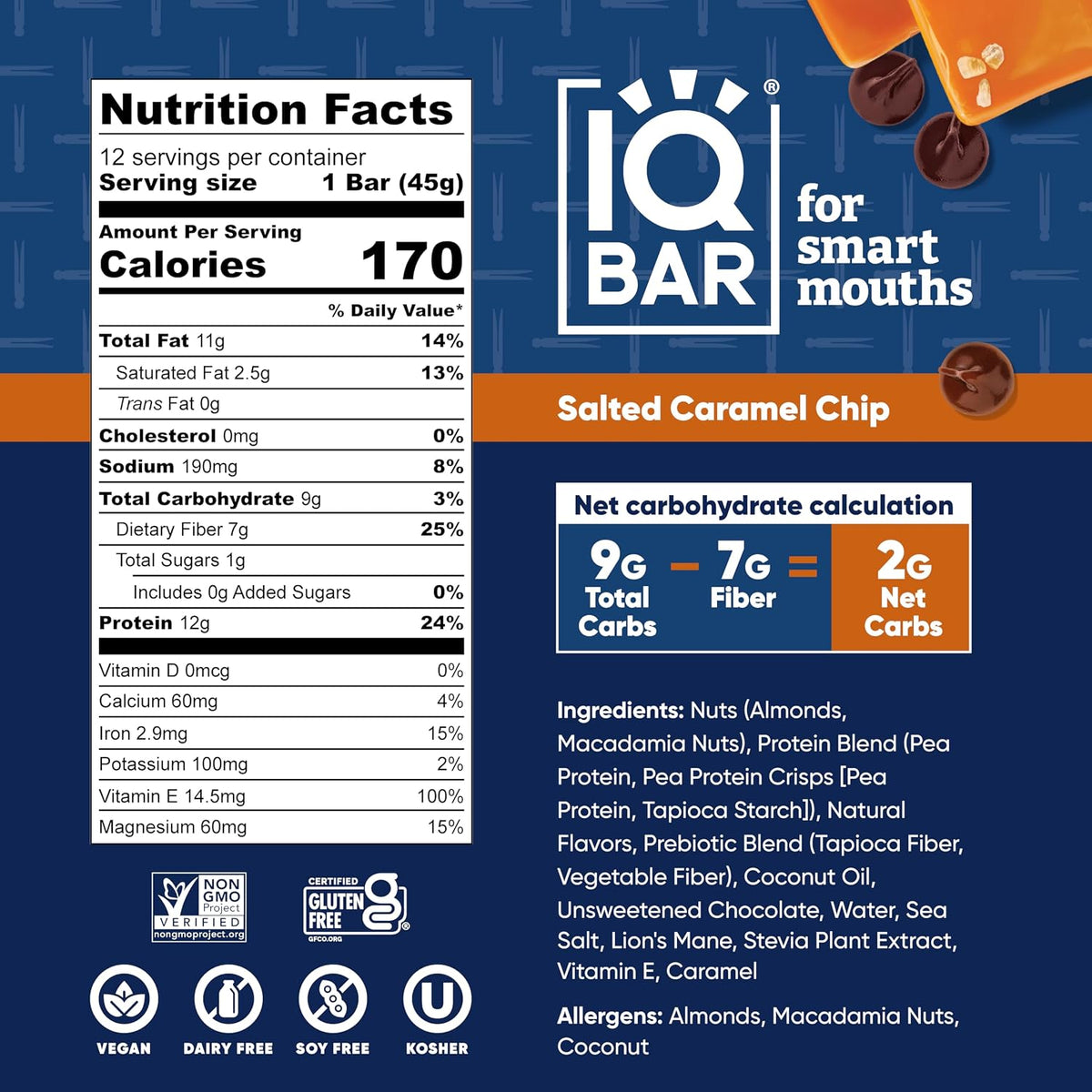 IQBAR Clean Protein Bars, Low Sugar Keto, Salted Caramel Chip 12-Count