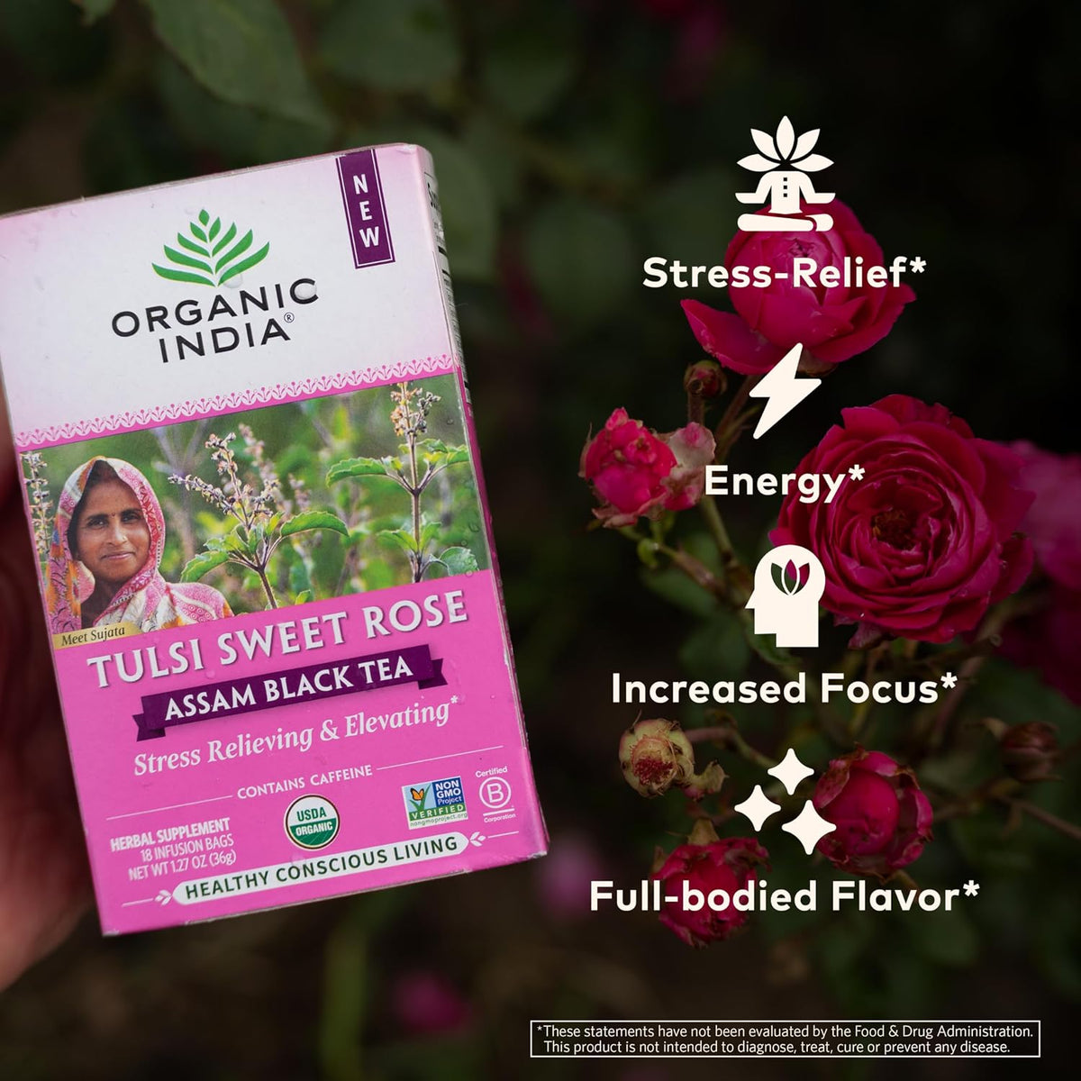 ORGANIC INDIA Tulsi Sweet Rose Assam Black Tea, 18 Rose Tea Bags(Pack of 6)