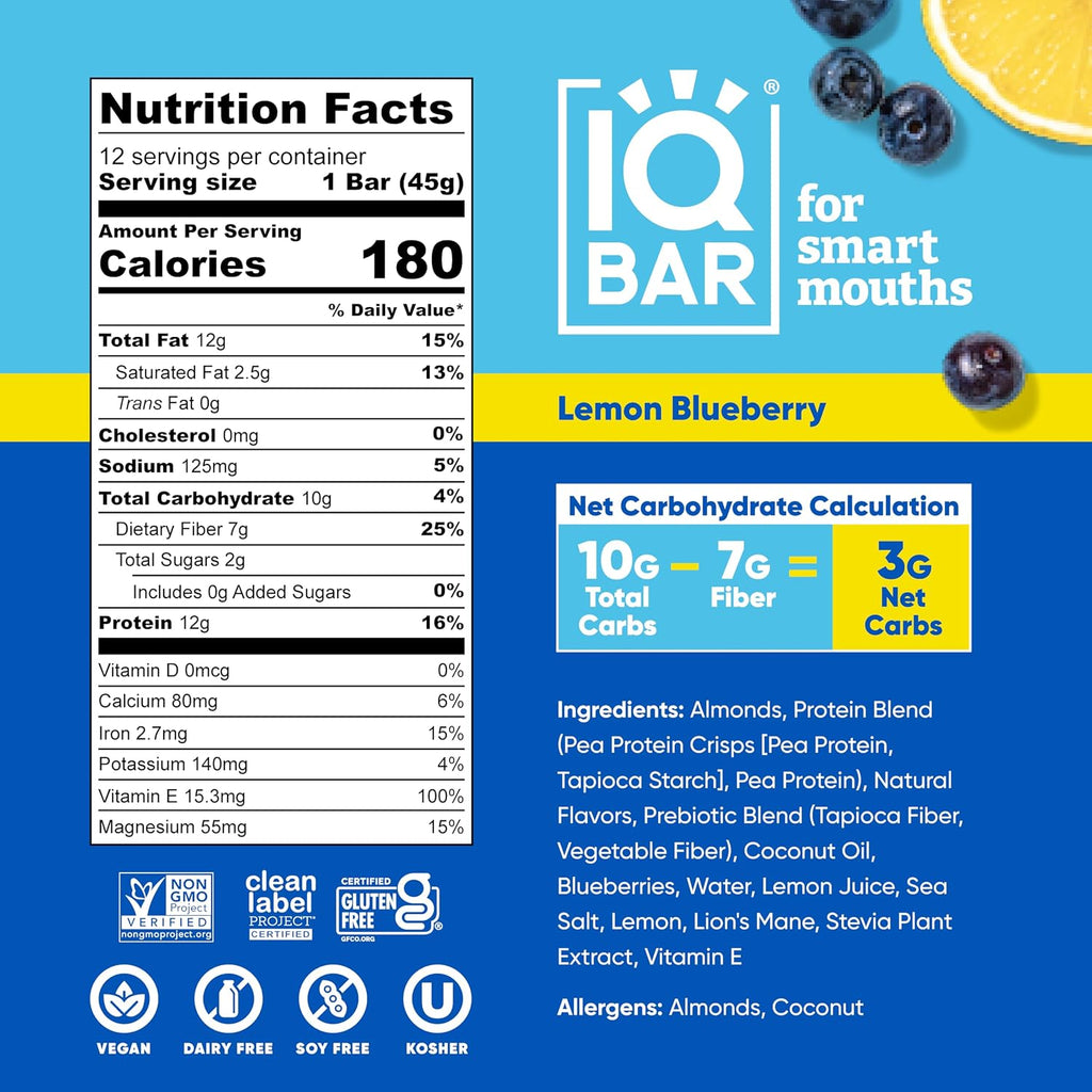 QBAR Clean Protein Bars, Low Sugar Keto, Lemon Blueberry 12-Count