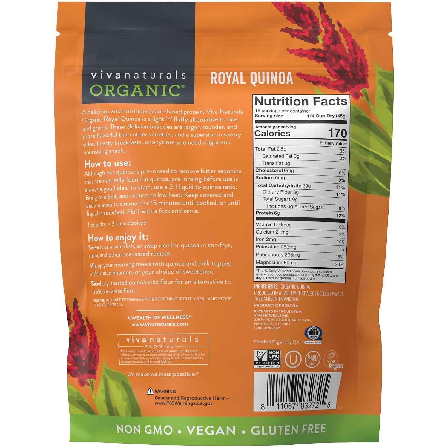 Viva Naturals Organic Quinoa - Pre-Washed Whole Grain