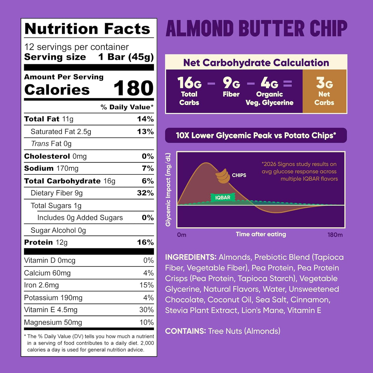 IQBAR Clean Protein Bars, Low Sugar Keto, Almond Butter Chip 12-Count