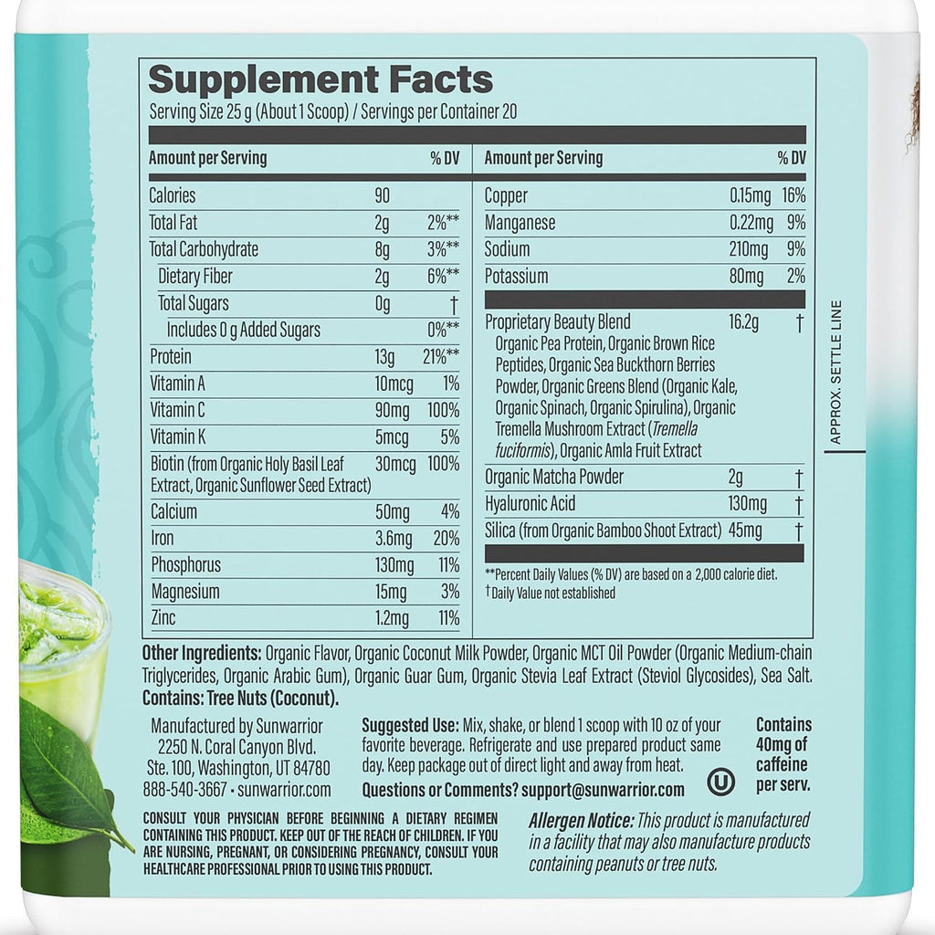 Sunwarrior Vegan Collagen Powder, Coconut Matcha, 20 Servings