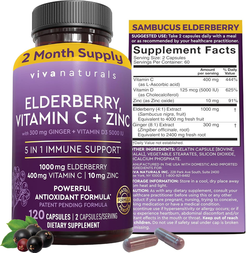 Viva Naturals Elderberry with Vitamin C and Zinc for Adults 120 Capsules