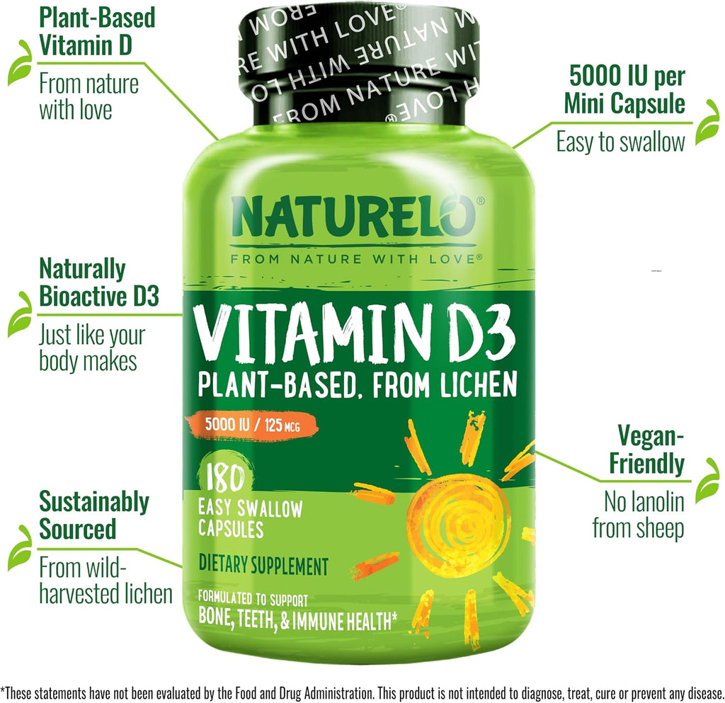 NATURELO Vitamin D - 5000 IU - Natural D3 Supplement for Immune System