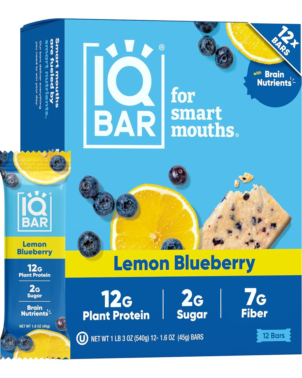 QBAR Clean Protein Bars, Low Sugar Keto, Lemon Blueberry 12-Count