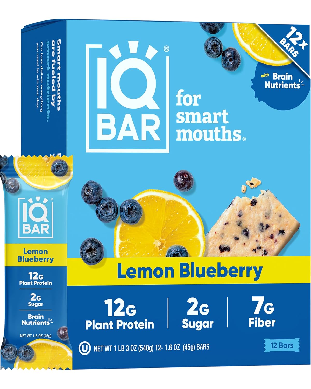 QBAR Clean Protein Bars, Low Sugar Keto, Lemon Blueberry 12-Count