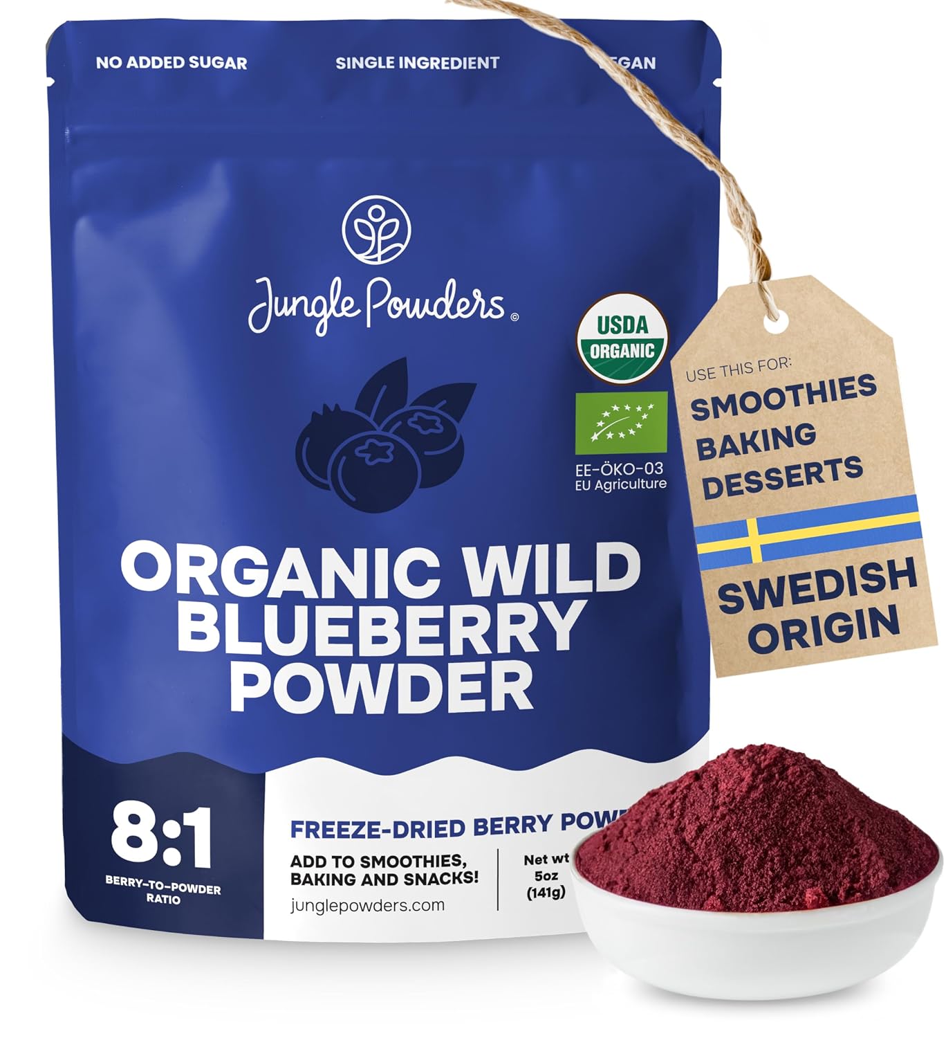Wild Organic Blueberry Powder 5 Oz Bag - Antioxidant Rich Smoothies Freeze Dried