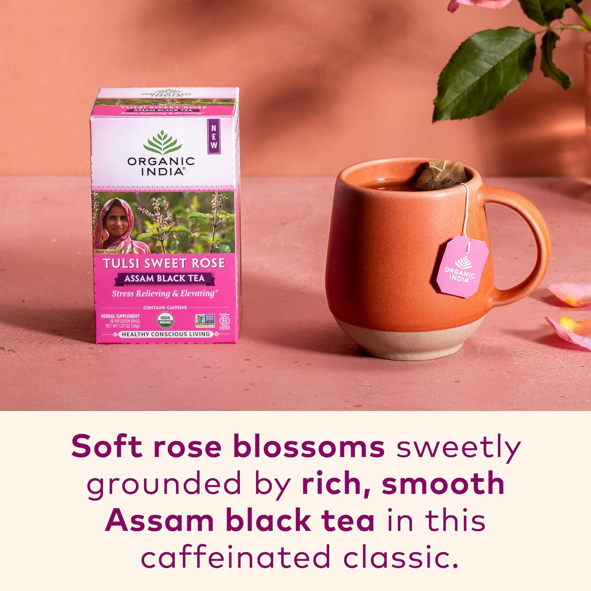 ORGANIC INDIA Tulsi Sweet Rose Assam Black Tea, 18 Rose Tea Bags(Pack of 6)