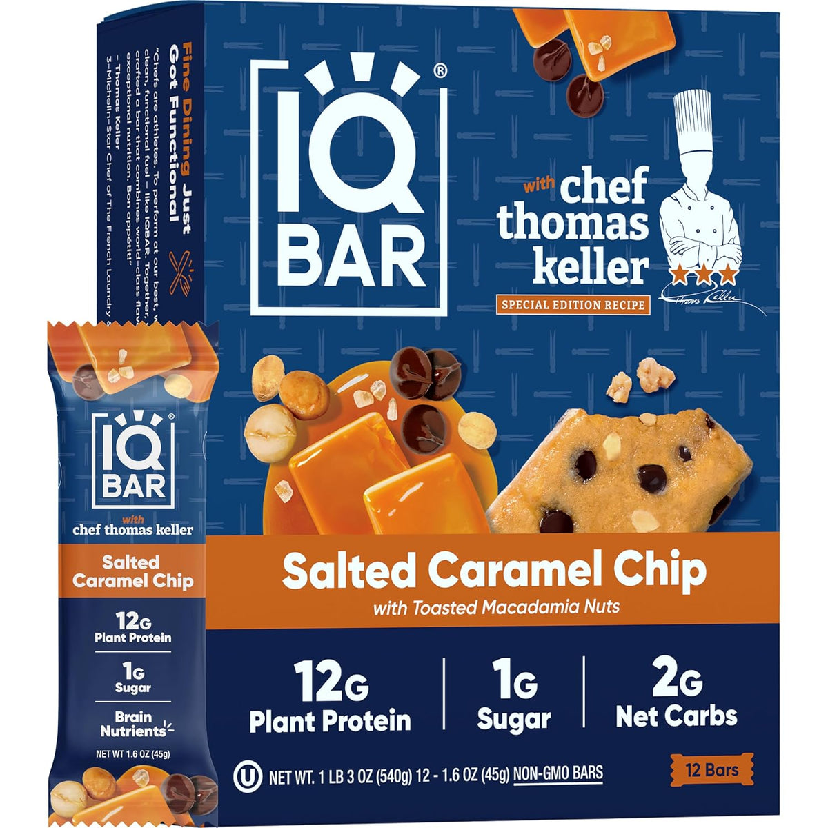IQBAR Clean Protein Bars, Low Sugar Keto, Salted Caramel Chip 12-Count