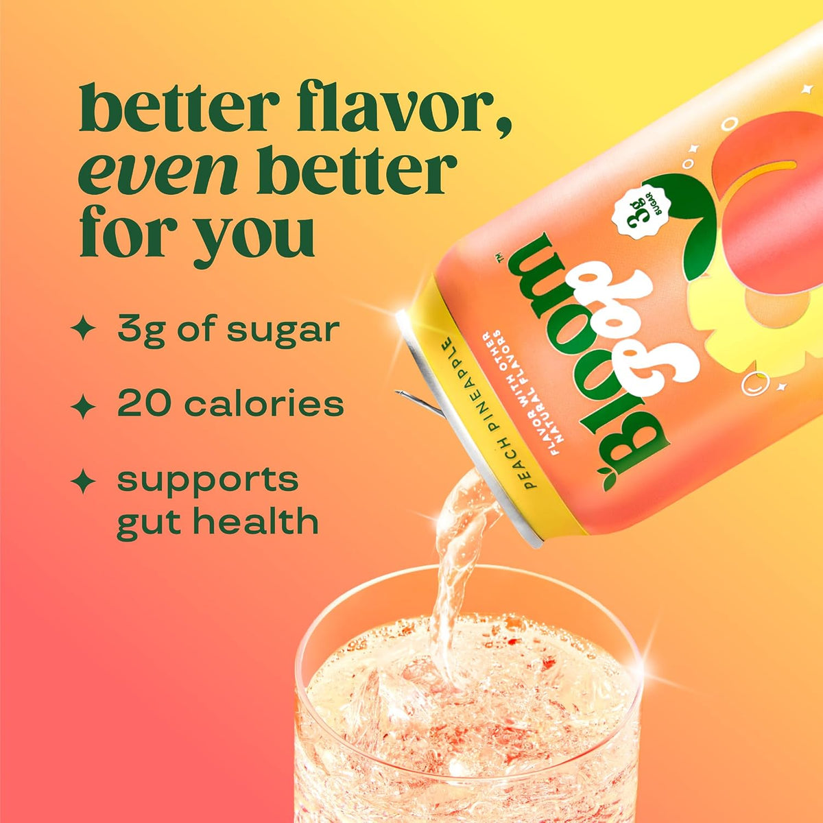 Bloom Pop Prebiotic Soda, Gut Health Support, Peach Pineapple, 12 Pack