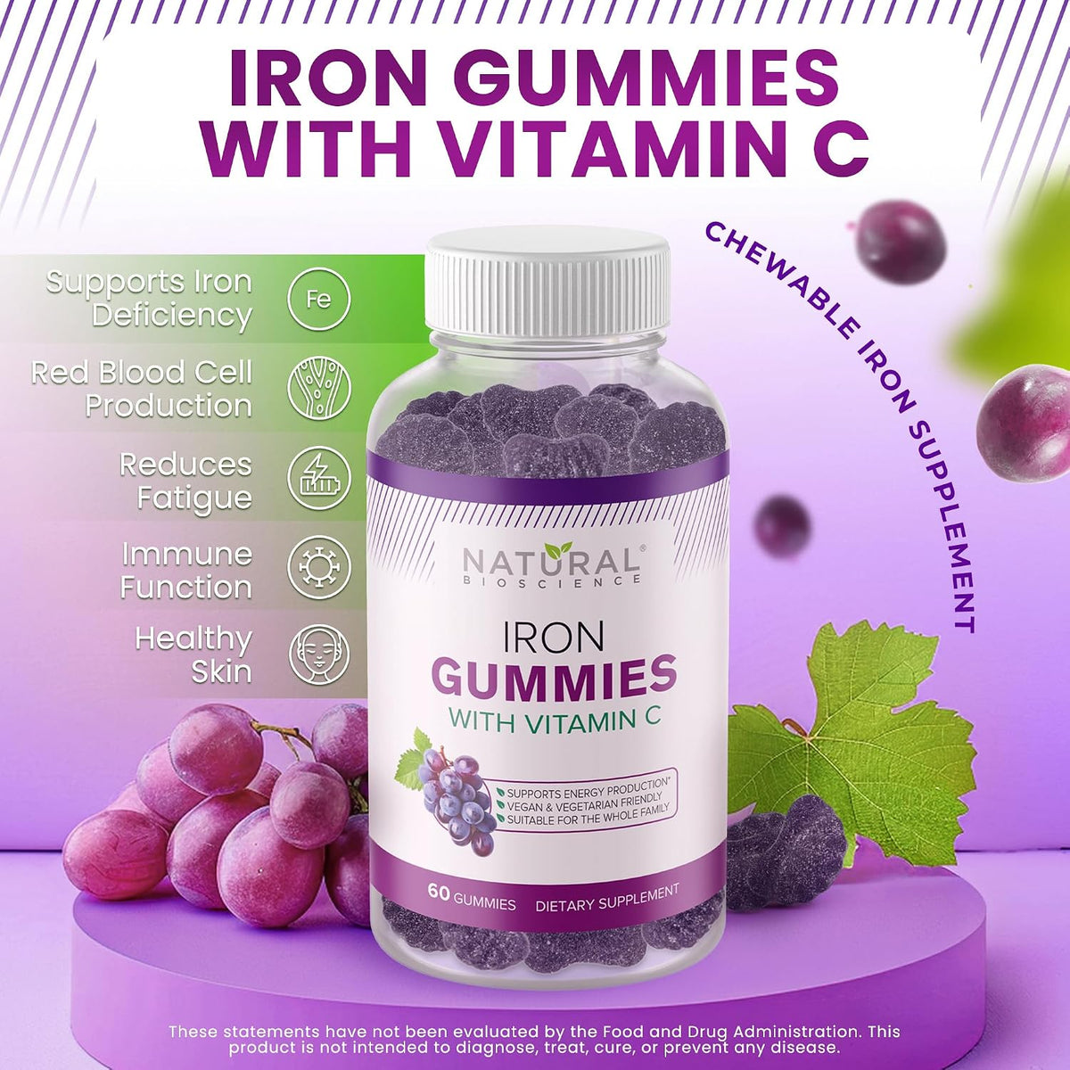 Natural Bioscience Iron Gummies with Vitamin C for Adults & Kids