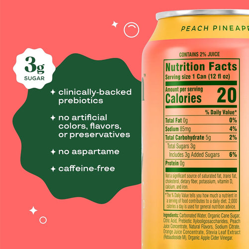 Bloom Pop Prebiotic Soda, Gut Health Support, Peach Pineapple, 12 Pack